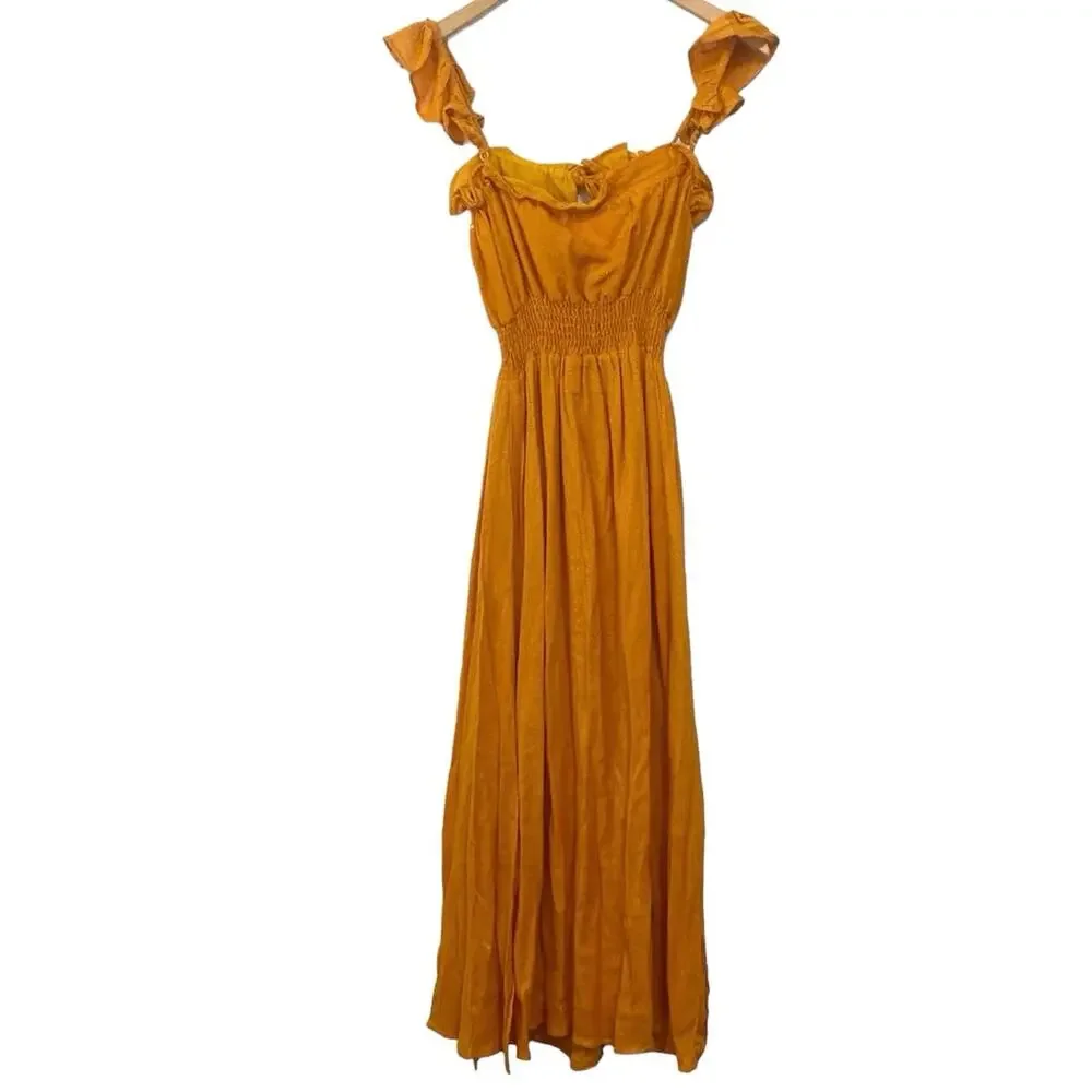 REVOLVE Orange Ruched Ruffled Midi Dress - Picture 2 of 11